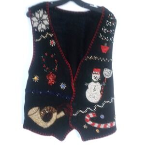 Womens Large Christmas Vest snowman snowflakes Beaded Knit Sweater Bedazzled
